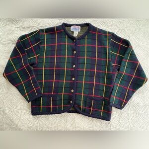 Tally Ho Vintage Plaid  Knit Cardigan Sweater XL